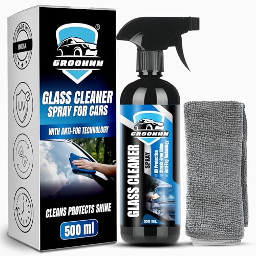 Groommm Glass Cleaner Spray for Cars (500ML) with Micro Fiber Cloth | Car Glass Cleaner Liquid | Hard Water Spot Remover | Anti Moisture & Streak Free | Car Windshield Cleaner | Helmet Visor Cleaner