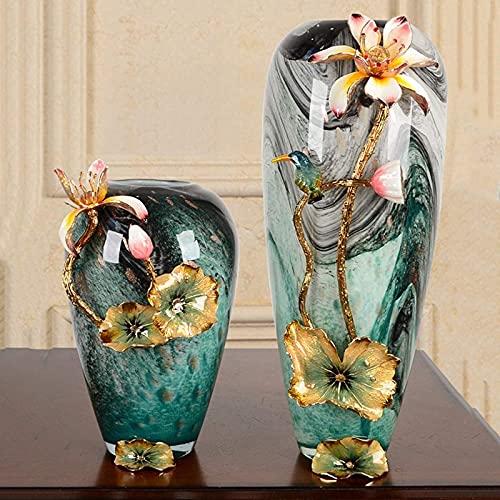 Chinese Stijl Lotusblad Standbeeld Tulpenvaas, Handgemaakte Vaas Van Emaille Gebrandschilderd Glas, Woonkamer Eettafel Kunstbloem Ornament - Afbeelding 6