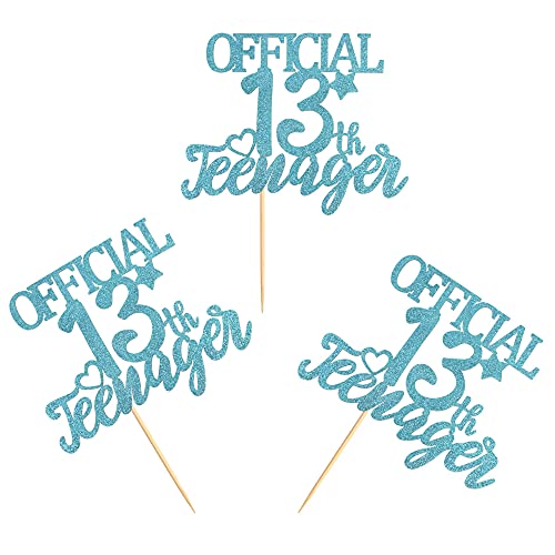 Image of Festiko1 Pack 13 Official Teenager Cake Topper Blue Glitter Thirteen Cake Pick Decoration for 13th Birthday Party Supplies