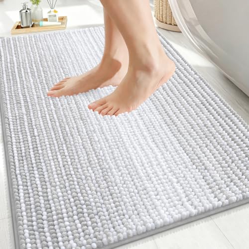 Image of OLANLY Bathroom Rugs 36x24, Soft Chenille Striped Bath Rugs, Light Grey