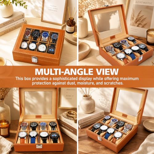 Image of LEDO Watch Box Holder Organizer Case in 8 slots of Watches with Transparent Look Tan & Cream color Velvet