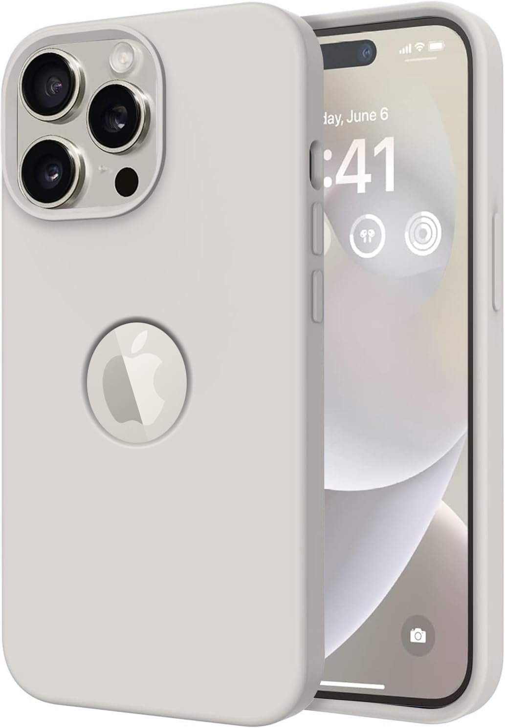 Elzzi Microfiber Logo Cut Cover Compatible for iPhone 15 Pro Case Liquid Silicone Cases Non-Slip Full Body Protective Covers Shockproof Back Cover with High Raised Camera (6.1 inch, Natural Titanium)