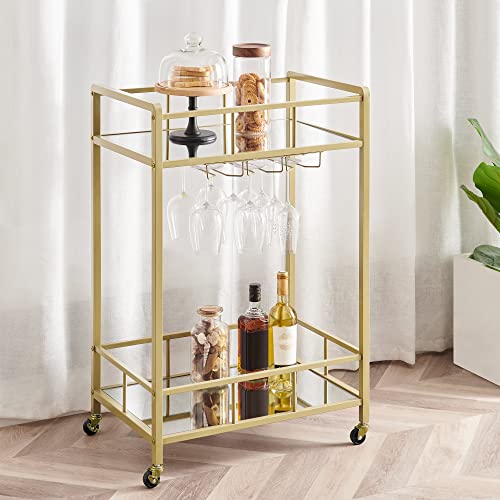 Hzuaneri Carrito de Bar rodante para el hogar, Carrito de Servicio de 2 Niveles con Ganchos para...