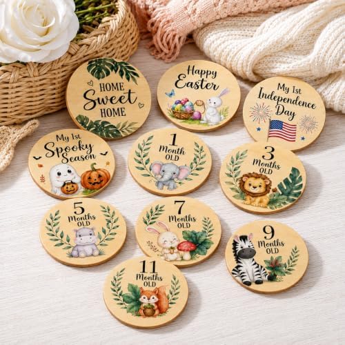 Wood Baby Monthly Milestone Set, Double Sided Baby Month Milestone Signs — 사진 4