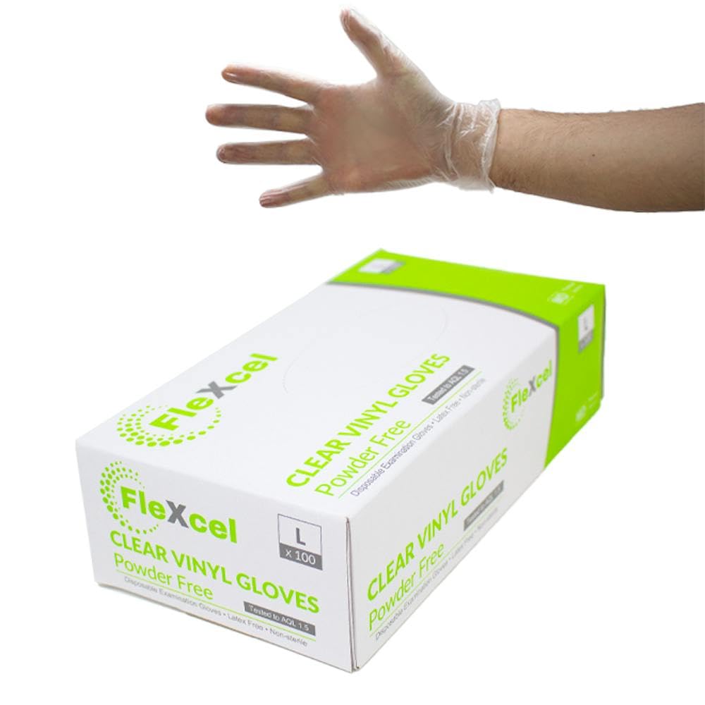 FleXcel Clear Medium Disposable Vinyl Gloves – Box of 100 – Powder Free Latex Free Medical Grade Examination Gloves AQL 1.5 – Non-Sterile Food Safe Disposable Glove for Kitchen Prep & Handling