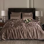 ROOEE Satin Silk Complete Bedding Set - 6 PCS - Fitted sheet, Duvet Cover, 4 Pillow Cases. Color - Mink Size - Double