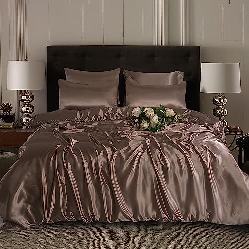 ROOEE Satin Silk Complete Bedding Set - 6 PCS - Fitted sheet, Duvet Cover, 4 Pillow Cases. Color - Mink Size - Double