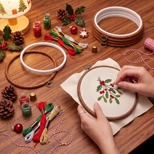Image of Burbell 6 Pcs 6 Inch Pcs Spring Round Embroidery Hoops Frame Circle Rubber Hoops Ring Display Cross Stitch Ornament Imitated Wood Frame Kits for Christmas in July Craft Sewing DIY Hanging Gifts