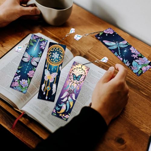 Image of 4 Pack Diamond Painting Bookmarks, 5D Dreamcatcher Butterfly Dragonfly Diamond Art Bookmark Kit with Tassels, DIY Beaded Rhinestone Book Mark Craft for Adults Beginners Reading Gift