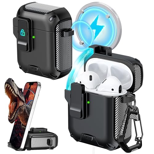 Image of RFUNGUANGO AirPods 2 Case with Lock Magnetic Lid Phone Stand, Black