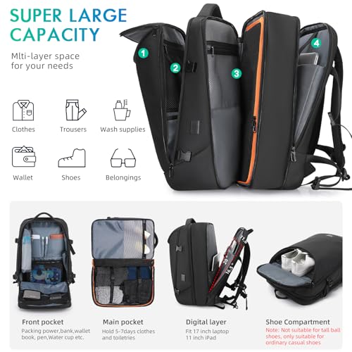 Image of TANGCORLE 50L Carry on Travel Backpack, Expandable Airline Approved Backpacks with 3 Packing Cubes Fit 17.3 inch Laptop Suitcase backpack for Men Women(Black)