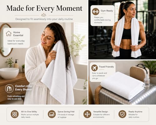 Image of 100% Pure Cotton Bath Towel for Men & Women | 380 GSM Ultra Soft, Highly Absorbent & Quick Dry Bath Towel | Large 55 x 28 Inch Matty Terry Towel for Bathroom, Gym, Travel & Daily Use | White