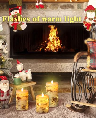 Da By Flameless Candle Led Candles Hand Painted Birch Bark Effect Recessed Light String Candle Set Of 3(H4,5",6") Ivory Real Wax Pillar Battery Operated Candles With Dancing Led Flame 10-Key Remote Control thumb #2