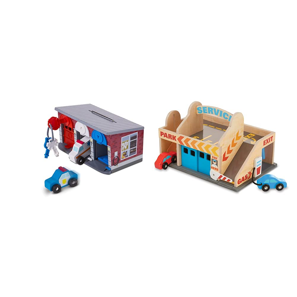 Melissa & Doug- Garage Con Veicoli In Legno, Multicolore, 4607 & Garage Con Stazione Di Servizio In Legno, Multicolore, 9271
