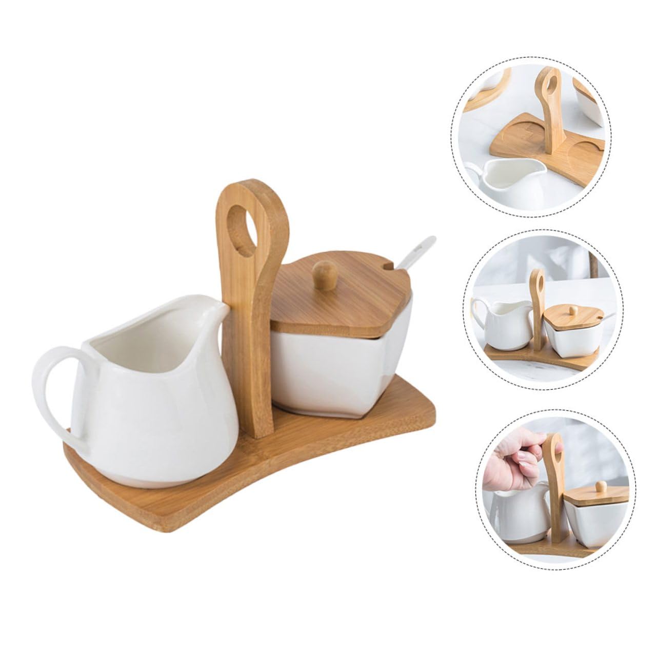 Artibetter Sucrier Céramique Blanc avec Pot à Lait et Set de Rangement pour Maison avec Plateau Bambou Décoration et Fonctionnelle pour Cuisine