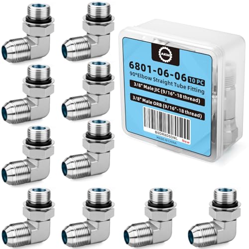 Image of 90 Degree Elbow Straight Hydraulic Hose Adapter Fittings, 6801-06-06 3 /8 inch Male JIC (9 /16 inch-18 thread) x 3 /8 inch Male ORB (9 /16 inch-18 thread) Connectors x 10 pack
