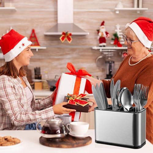 Image of LIBODOUR Utensil Holder,Stainless Steel Caddy Counter,Spoon holder,4 Compartments Silverware Caddy,Capacity Flatware Spoon Fork Tool Cutlery Holder(Silvery)