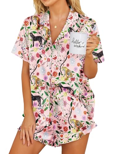 Image of Ekouaer Womens Satin Pajamas Set Button Down 2 Piece Silk Pjs Shorts Set Ruffle Lingerie Notch Collar Sleepwear