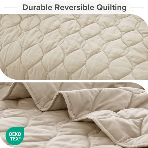 Comfort Spaces Queen Quilt Set Modern Reversible Ogee Coverlet Queen Bedding Set Cozy Quilted Winter Layer, All Season Lightweight Soft Queen Size Quilt, Kienna, Full/Queen Beige 3 Piece