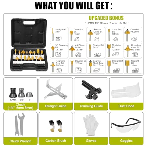 DEWINNER Electric Palm Router Tool, 710W Compact Wood Trimmer with Metal Base, 6 Variable Speeds Router for Woodworking, Trimmer Router with Storage Bag, 15pcs Trim Router Bits for Handwork and DIY 8 DEWINNER Electric Palm Router Tool, 710W Compact Wood Trimmer with Metal Base, 6 Variable Speeds Router for Woodworking, Trimmer Router with Storage Bag, 15pcs Trim Router Bits for Handwork and DIY - Image 8