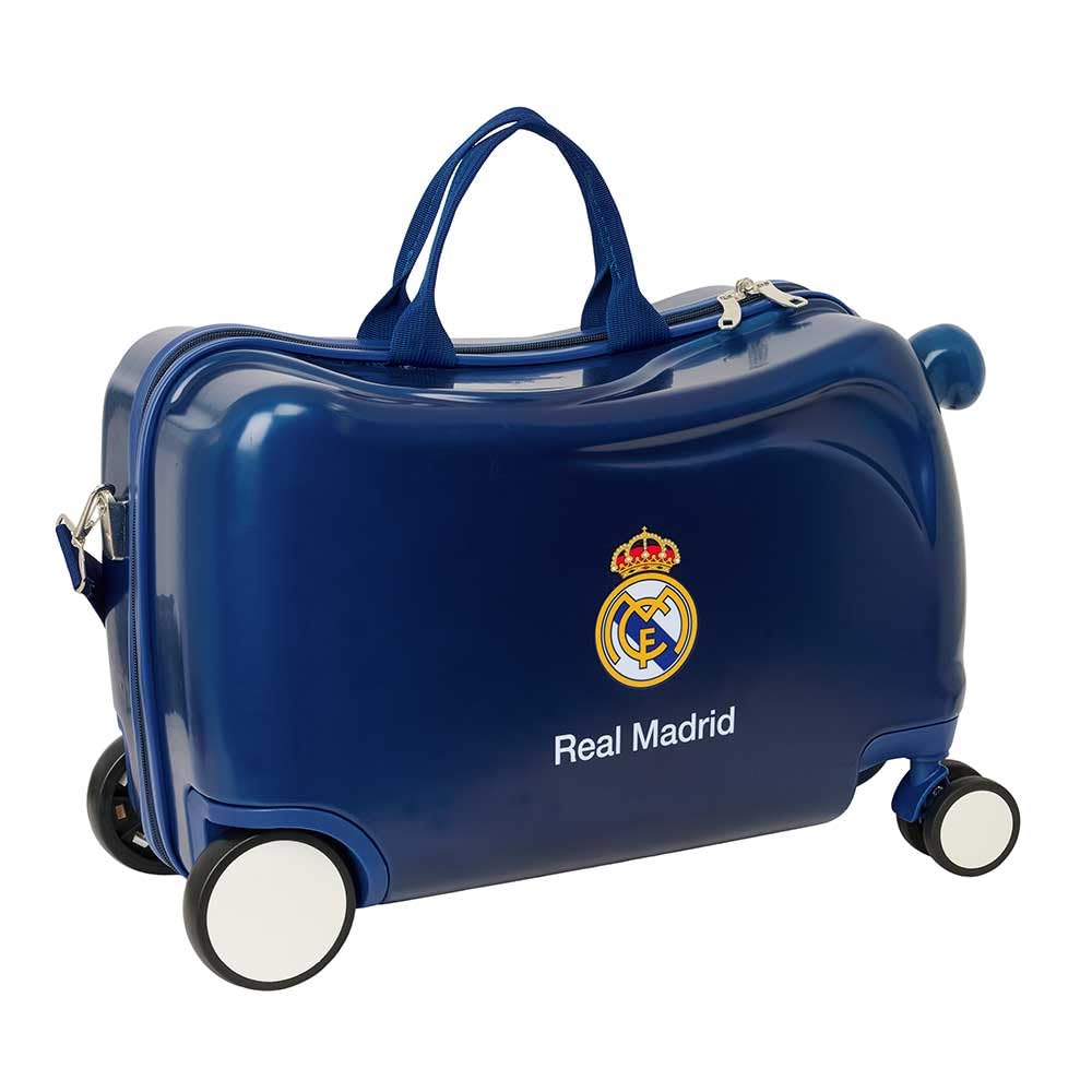 Safta | Maleta Infantil con Ruedas Real Madrid, Giro Multidireccional, ABS + PC Resistente, Interior Forrado con Separador y Bolsillo con Cremallera, Bandolera, Medidas 44x21x27 cm