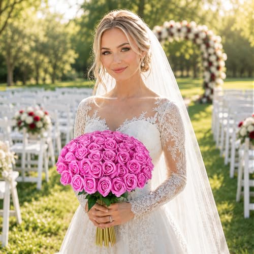 Image of INSPRING 50 PCS Hot Pink Roses Artificial Flowers with Long Stems | Real Looking, Fake Roses, Silk Flowers, DIY Bouquet, Wedding Party Celebration Home Bridal Decoration Gift, for Her Wife