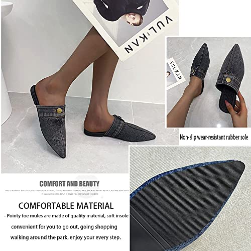 Women's Flat Mules Closed Pointed Toe Backless Slip-On Loafers Ladies Denim Baotou Clogs Half Slides Solid Color Sandal (Dark Blue,7,Female,Women) #TOP5