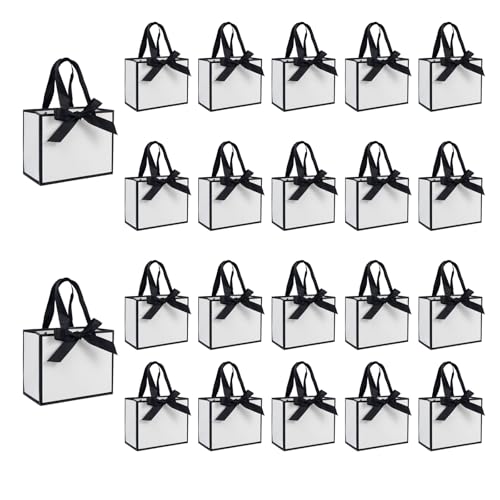 TKSBAG 50 PCS Small White Black Gift Bags with Handles, 6.4×3.1×5.1 Inch Thank You Bags with Bow Ribbon for Baby Shower, Bridal Shower, Wedding, Party Favors, Thanksgiving, Christmas