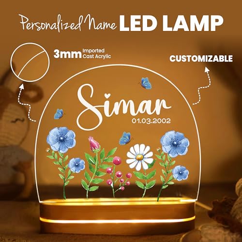 Image of PRINTHUA Plastic Personalized LED Night Table Lamp with Custom Name,Unique Gift for Women,Men,Kids,Girlfriend,Boyfriend,Husband,Wife|Birthdays,& Special Occasions (Cute Flowers),Multicolour