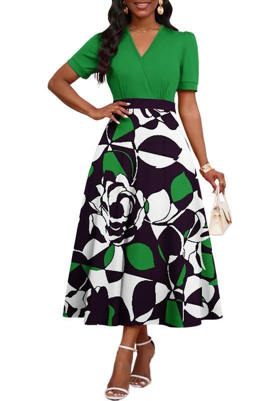 Image of MarryUP Women's Midi Dresses - V Neck Cocktail & Church Tea Dresses - Short Sleeve A-Line Swing Dress