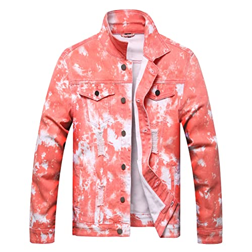 Image of RANMCC Men's Elastic Ripped Denim Jacket, Vintage Washed Frayed Trucker Coat, Lightweight Casual All Season Street Outerwear