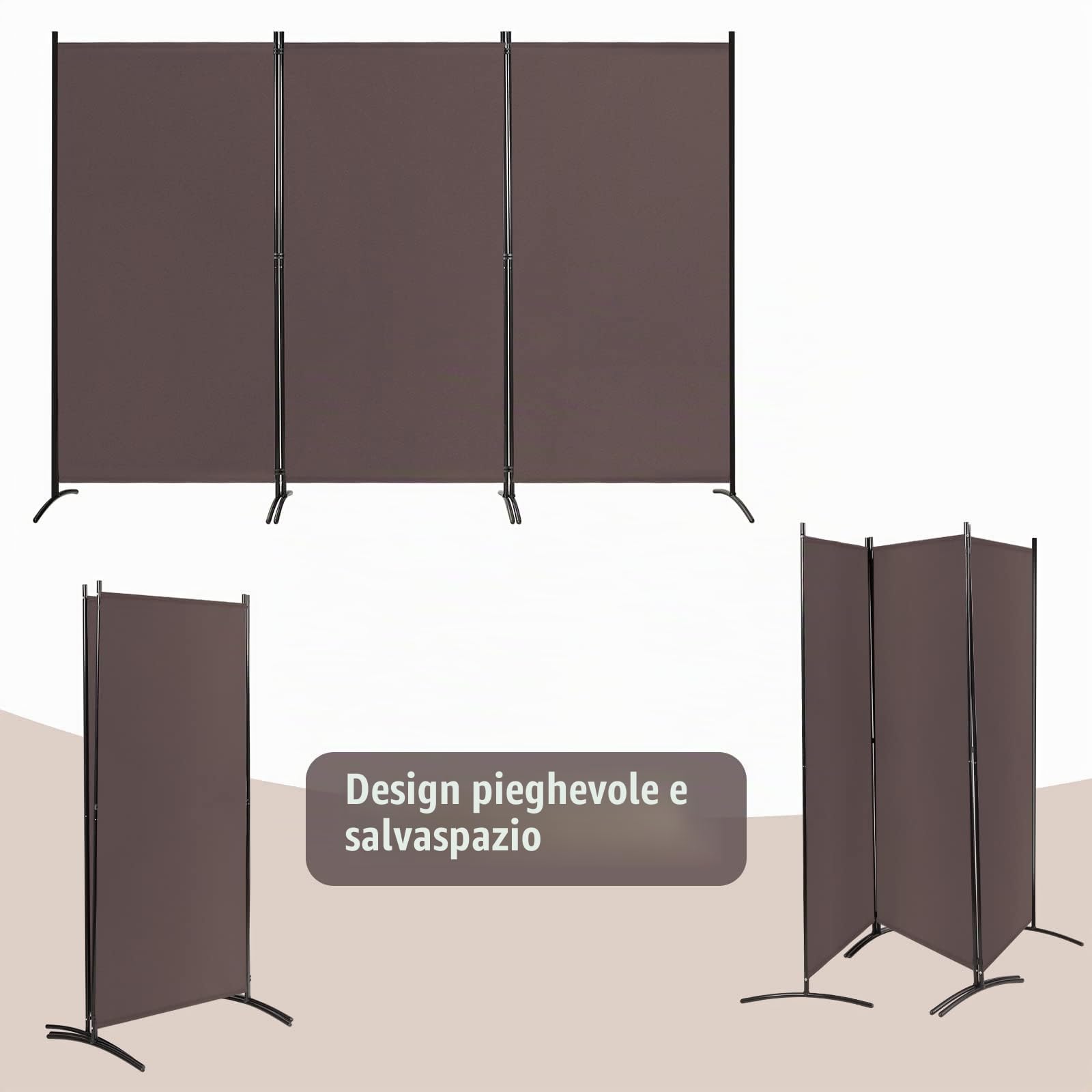 RELAX4LIFE Paravento da Interno, Anti-sbirciate, Telaio in Ferro con Piedi Stabili ad Arco, Pannelli Rimovibili, 1/3/4/6 pannelli (3 Pannelli,260x183cm,Marrone)