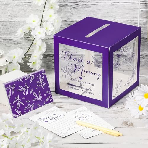 Image of Pajean 50 Pcs Greenery Share a Memory Card for Celebration of Life Cards Box with Clear Windows Memory Box for Funeral Wedding Birthday Graduation Bridal Shower Guest Card Ideas(Clear,Purple)