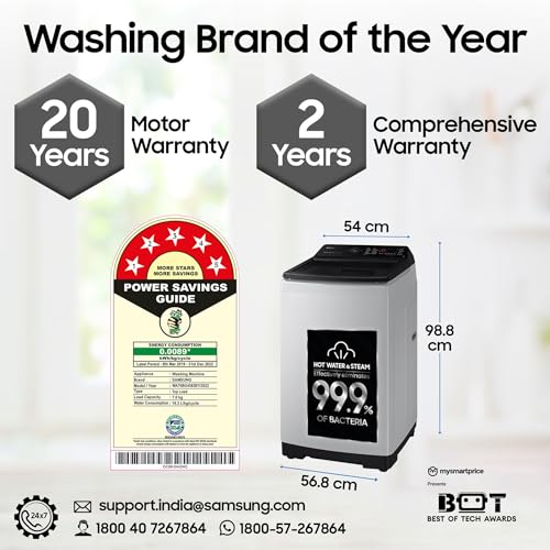 Image of Samsung 7 kg, Eco Bubble Technology, Wi-Fi, Soft Closing Door, Fully-Automatic Top Load Washing Machine (WA70BG4582BYTL, Hygiene Steam, Lavender Gray)