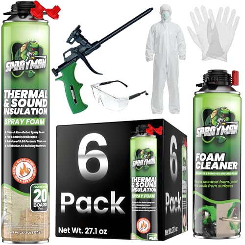 Sprayman Spray Foam Insulation Kit (120 Sq.Ft.) - Closed Cell Polyurethane Expanding Foam Sealant, Thermal & Acoustic Protection for Wall and Attic - Gun & Cleaner Included, 27.1 oz, 6 Pack