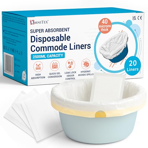 Omnitex - Conjunto de 20 forros para sanita de alta absorção, com almofada de conversão de gel de grânulos de 80% SAP, bolsa de sanita portátil forte para adultos com cordão e almofada SAP,