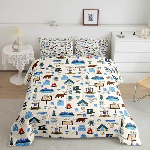 Bear Bedding Set Boys Wild Animal Comforter Set for Kids Teens Nature Wildlife Bear Bedding Set Botanical Tree Rustic Cabin Country Beige Duvet Set Room Decor Quilt Set 3Pcs Full Size