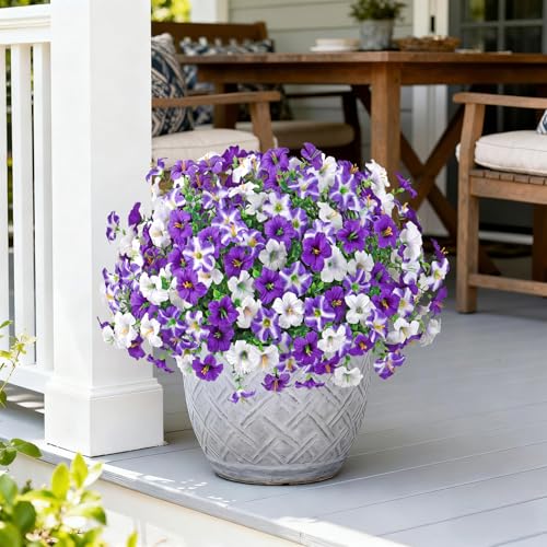 KHOYIME Artificial Flowers for Outdoor Decoration, 12PCS Faux White Purple Petunias Silk Flower UV Resistant Realistic Fake Plants for Outside Planter Garden Porch Yard Spring Summ image 8