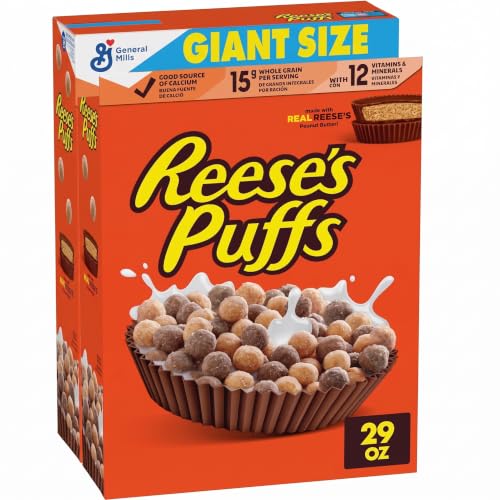 REESE’S PUFFS Chocolatey Peanut Butter Cereal, Kid Breakfast Cereal, Giant Size, 29 oz (Pack of 2)