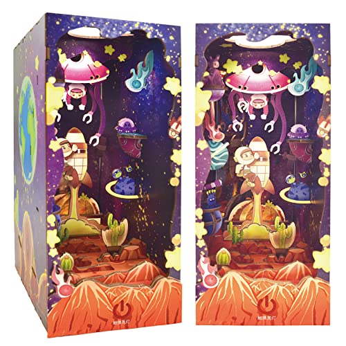 Spilay DIY Dollhouse Miniature Book Nook Assemble Kit,3D Wooden Puzzle Bookshelf Insert Decor with Sensor Light,Bookends Model Build-Creativity Kit for Adults Gift (SQ02)