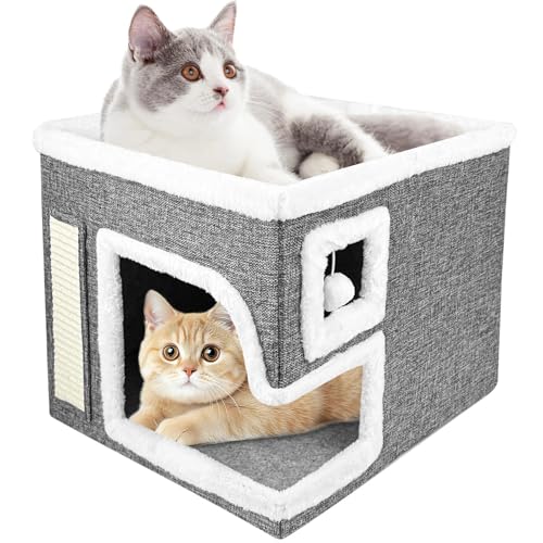 Brynlex 2-Lagiges Katzenhöhle, Katzenhaus Indoor, Katzenbett Höhle, Katzenbetten Faltbares in Würfelform für Katzen Und Kätzchen(Grau)