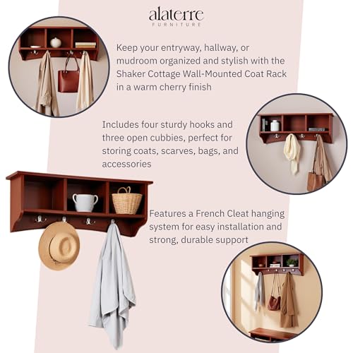 Image of Shaker Cottage Wall-Mounted Coat Rack with 3 Storage Cubbies and 4 Hooks - 36 inch Space-Saving Entryway Organizer, Mudroom and Hallway Wall Shelf by Alaterre Furniture (Cherry Finish)
