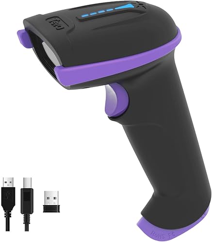 Tera Escáner de código de barras inalámbrico versátil 2 en 1 (2.4 GHz inalámbrico+USB 2.0 con cableado) con indicador de nivel de batería, distancia