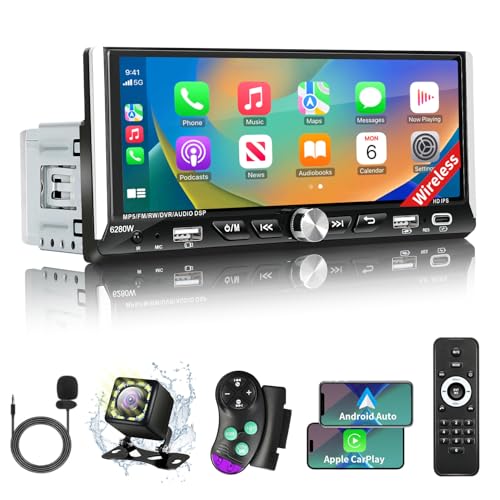 Single Din Car Stereo with Wireless Apple Carplay Android Auto, 6.9