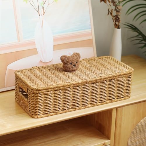 Panier de rangement en rotin avec couvercle pour ranger le bureau
