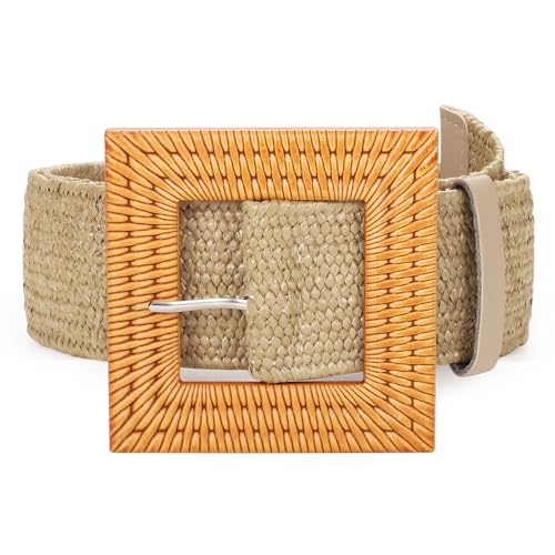 JASGOOD Straw Woven Elastic Stretch Belts for Women, Ladies Wide Boho Braided Dress Belts with Wooden Buckle,Khaki