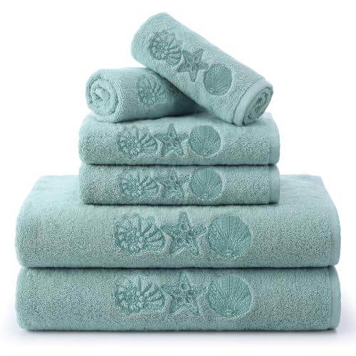 Boao 6 Pack Coastal Bathroom Towel Set Beach Ocean Cotton Embroidered Towels for Bathroom Shell Starfish Conch Bath Decoration Set Soft Absorbent for Drying Shower Supplies