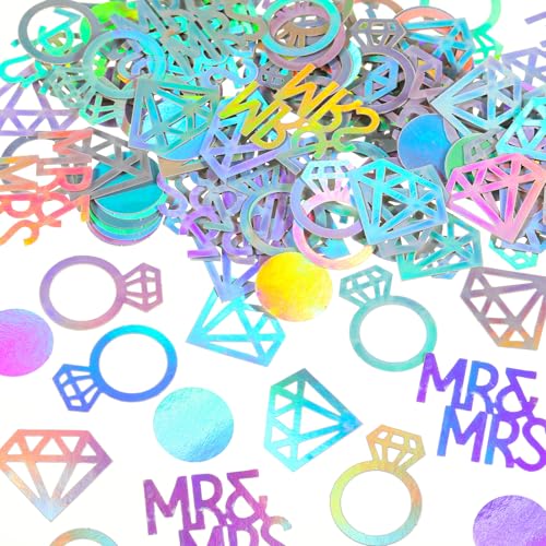 Image of Sumind 220 Pieces Laser Silver Wedding Table Confetti, Paper Mr and Mrs Laser Silver Diamond Ring Circle Dots Diamond Glitter Confetti for Marriage Ceremony Anniversary Valentine