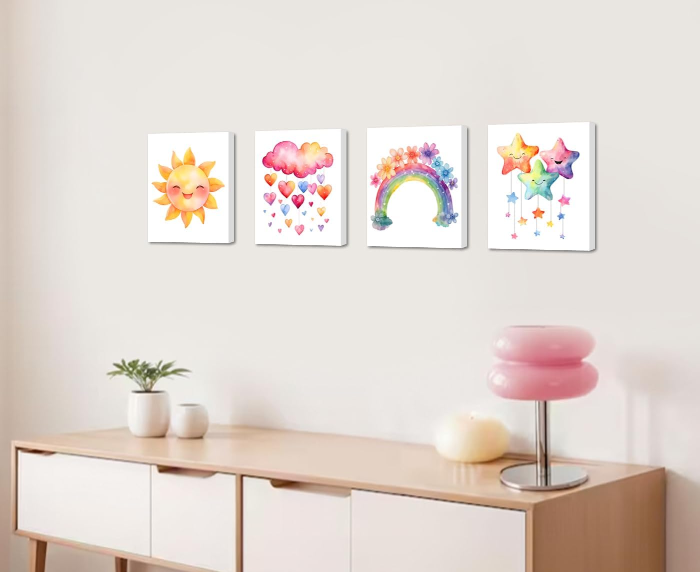 Framed Girls Rainbow Canvas Wall Art Set of 4 Pink Nursery Wall Decor Art Prints,Colorful Sun Clouds Hearts Art Posters for Classroom Kids Room Baby Room Bedroom Dorm Decor (8’’X10'' inch)