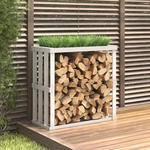 Homgoday Soporte para leña de Exterior Madera Pino Blanco 108x52x106 cm Estante metálica para leña,Soporte de Almacenamiento para Interiores y Exterior